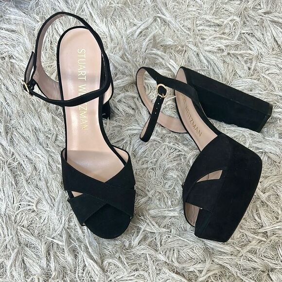 NWOB Stuart Weitzman Soliesse Suede Ankle Strap Platform Sandals in Black sz 10 - Picture 6 of 12